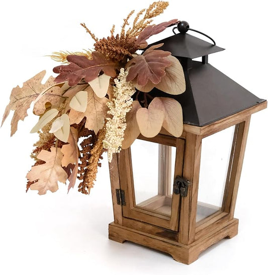 Fall Themed Decorative Wooden Hurricane Candle Lantern - Candle Holder Fall Decor for Home Farmhouse Indoor Outdoor Table Shelf - 14" Tall