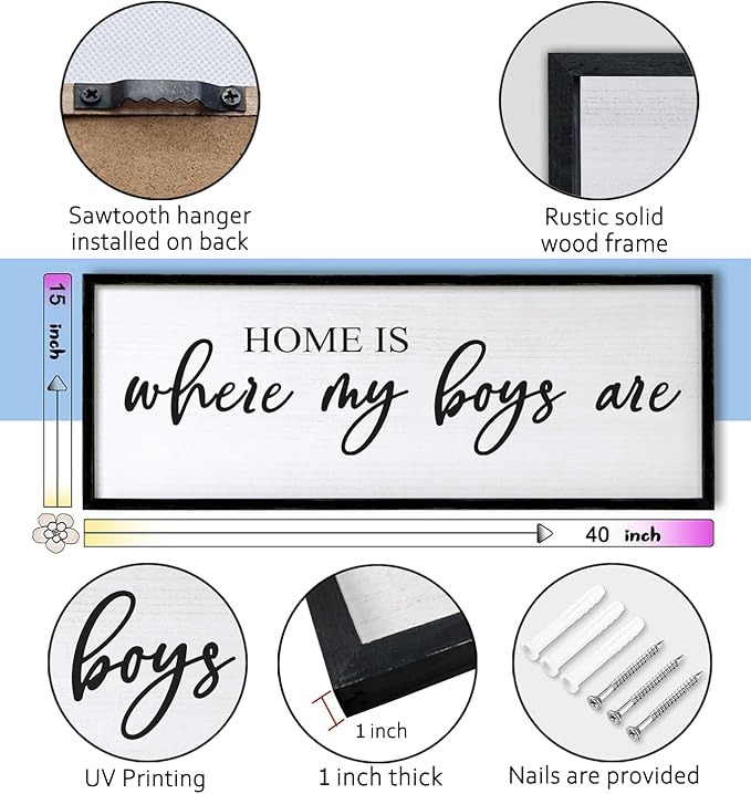 Home is Where My Boys are Sign Framed Wall Art, 40''×15'' Rustic Horizontal My Son Plaque with Black Frame for Baby Kid Boy Son Teen Toddlers Room, Horizontal Mom of Boys Gifts Nursery Decor