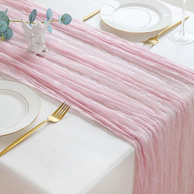 Sioloc 1 Pack Light Pink Cheesecloth Table Runner Fall Autumn Decor for 10ft(35" x120" ) Table Cloth for Tea Wedding Birthday Party Baby Bridal Shower Halloween Thanksgiving