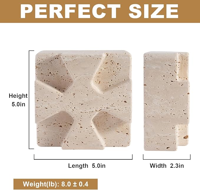 Natural Marble Bookends for Heavy Books, Heavy Duty Square Decorative Stone Book Ends for Shelves, Aesthetic Travertine Book Holder, Modern Office Bookshelf Stopper Decor, Beige, Set of 2