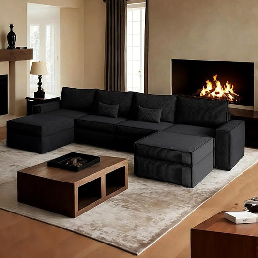 HOOOWOOO Modular Sectional Couch Sofa,128X61 U L Shaped Oversized Couch Sets Free Combination,6 Pieces Extra Deep Sofa with Ottomans for Living Room(Black Corduroy)