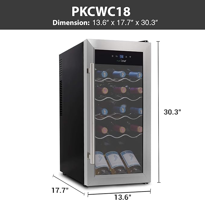 NutriChef PKCWC18 Slim Wine Fridge 18 Bottle Mini Beverage Chiller Adjustable Temp Control, 30x13x17 IN, Black