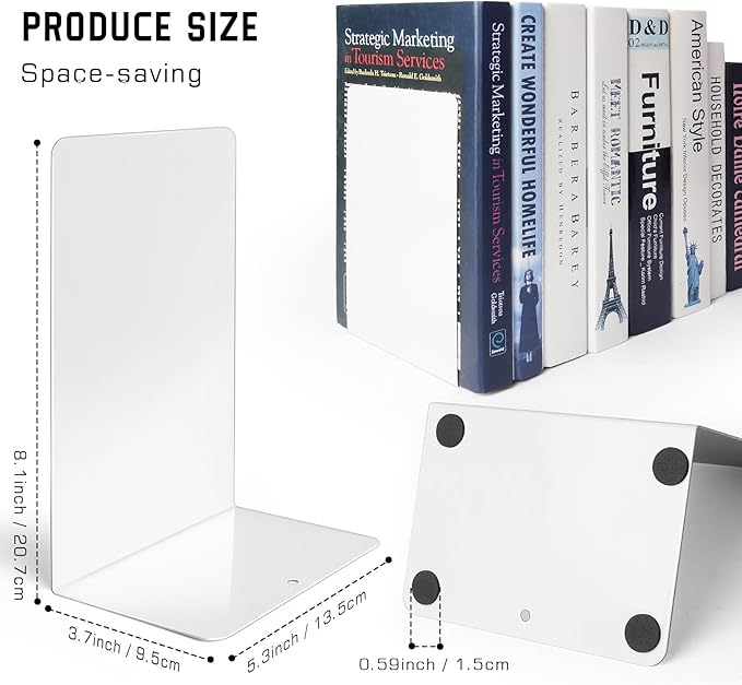 VONDERSO Metal Bookends, 4 Pairs White Metal Book Ends Heavy Duty for Shelves Decor Home Office, Unique White Bookends Supports Anti-Slip for Kids