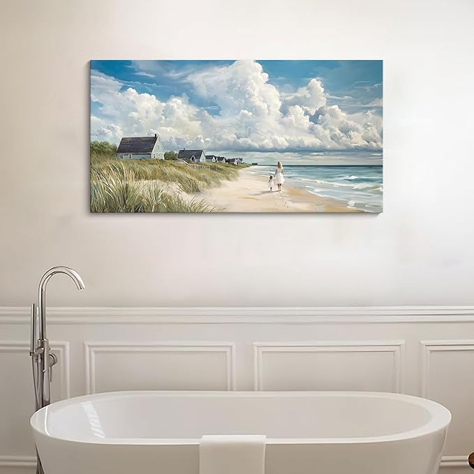 HGUAOA Coastal Canvas Wall Art - Large Landscape Wall Art for Living Room - Ocean and Beach Painting - Blue Artwork for Bedroom Decor - Above Bed Wall Pictures -Beach Theme Print Art