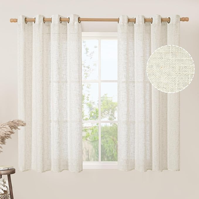 LAMIT Natural Linen 54 Inch Length Curtains for Windows, Semi Sheer Short Linen Neutral Decorative Light Filtering Drapes with Bronze Grommet for Bedroom/Nursery, 2 Panels Set, 52 X 54 Inch