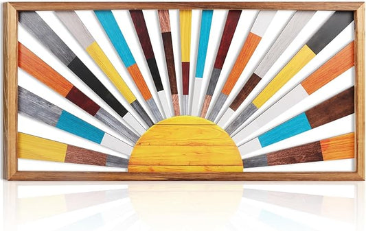 IARTTOP Large Boho Sun Wall Art Framed Wooden Art Wall Decor Rainbow Sun Rising On The Horizon Geometric Line Sunshine Wall Art for Living Room Bedroom Office 16"x32"