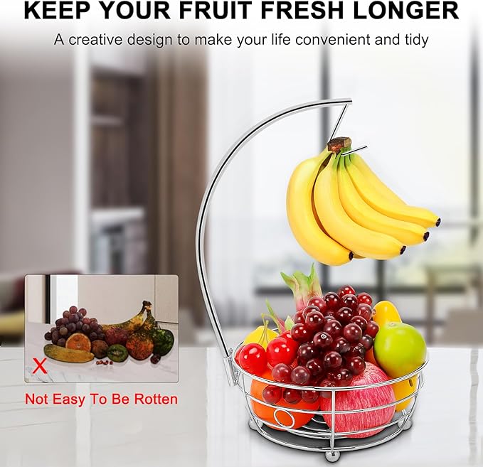 Livabber Countertop Fruit Basket Bowl with Banana Hanger, Modern Standing Fruit Vegetable Bowl Storage, with Banana Tree Holder for Kitchen Dinning Table (Round Metal, Chrome)