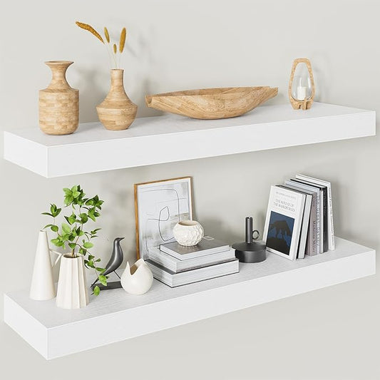Heimlove 32 Inch Floating Shelves for Wall,White 9.3" Deep Floating Shelf Set of 2,Wall Mounted Shelves for Bathroom Bedroom Living Room Kitchen Office,Shelf for Books Storage Room,Home Decor