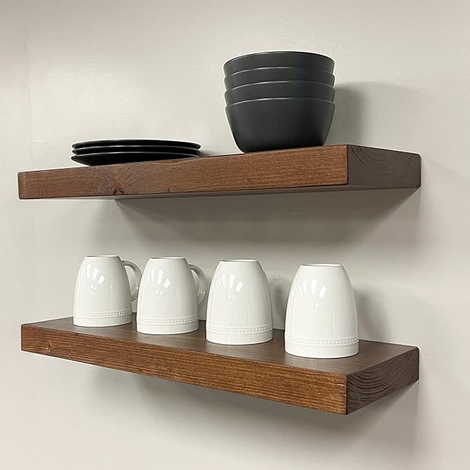 URBANDI, Rustic Floating Shelves, Set of 2, Hidden Bracket, Solid Wood, Heavy Duty, Wall Mounted Shelves, (Provincial, 60Wx8D)