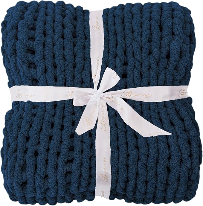 Bigacogo Chunky Knit Throw Blanket for Couch, 51x63 inches, 100% Hand Knitted with Thick Jumbo Chenille Yarn, Cozy Soft Large Rope Knot Cable Crochet Blankets for Sofa Bed Living Room, Navy Blue