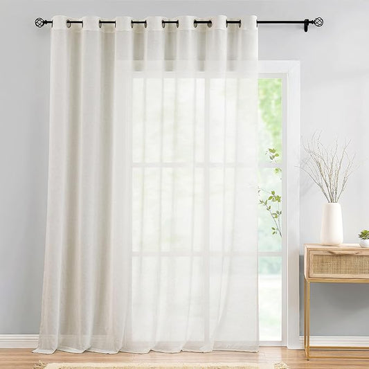 FMFUNCTEX Linen Sheer Sliding Door Curtains for Bedroom, Beige Curtains 108 Inches Long Window Curtain Drapes for Living Room, Natural Patio Glass Door Extra 100 Wide Curtain, Grommet Top 1 Panel
