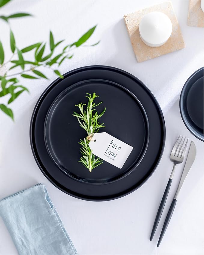Matte Black Dinnerware Set - Ultra Chic Stoneware for 8-24pcs Plate Set - Dishwasher and Microwave Safe - Ceramic Plates and Bowls