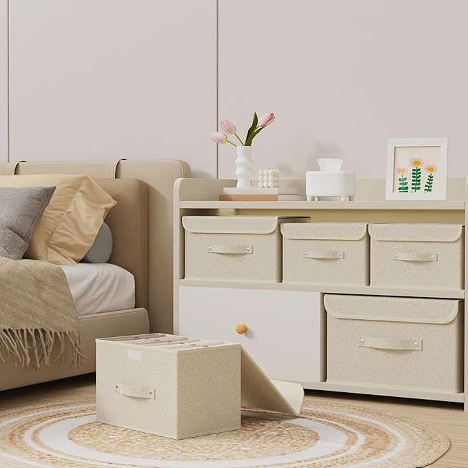 Fabric Storage Bins Cube Organizers with Flip-Top Lid and Handles,Storage Boxes for Organizing Home,Office,and Closet,Grey and Beige,3 Pack 13 X 9.1 X 7.9 in