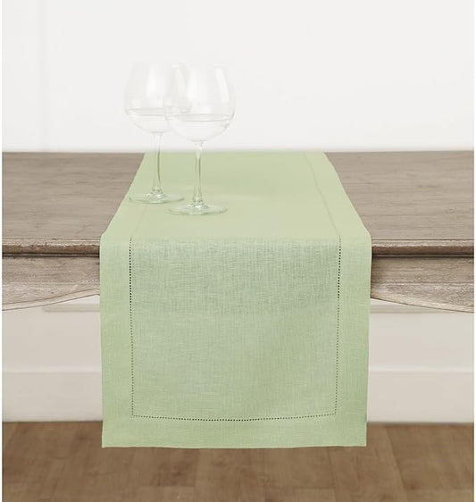 Solino Home Linen Sage Green Table Runner 72 Inches Long - 100% Pure Linen Hemstitch Table Runner 14 x 72 Inch for Dresser, Dining, Fall, Autumn, Halloween, Thanksgiving - Classic Hemstitch