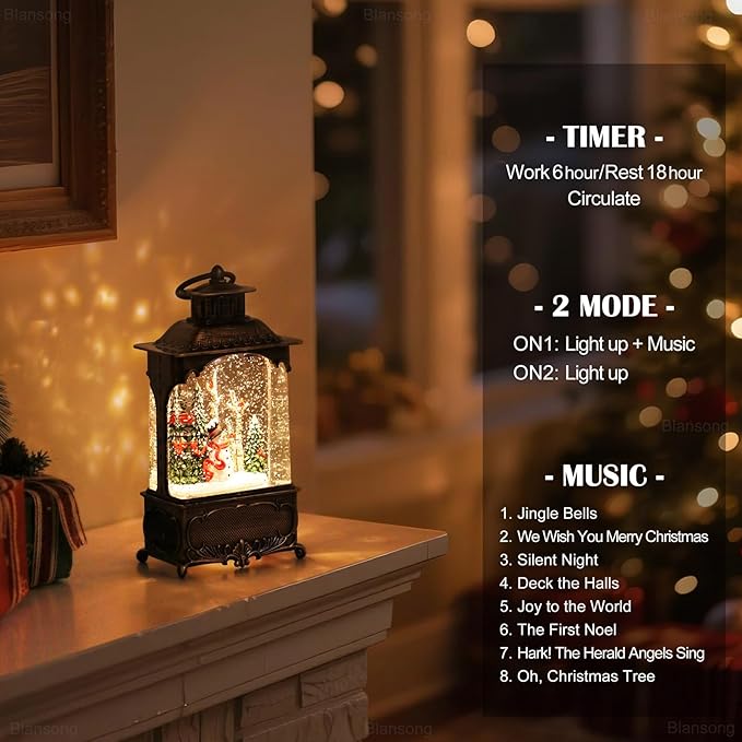 Snowman Snow Globe Lantern Christmas Decorations Gifts Auto Snowfall Glitter Music Collection Snowman Cardinal Birch Forest with 6H Timer USB/Battery Powered 10.2 inch