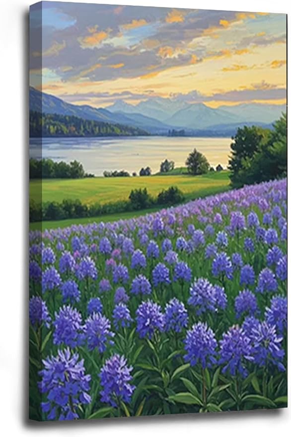 The lavender scenery all over the lake at sunset is suitable for posting in the living room bedroom office landscape poster wall painting