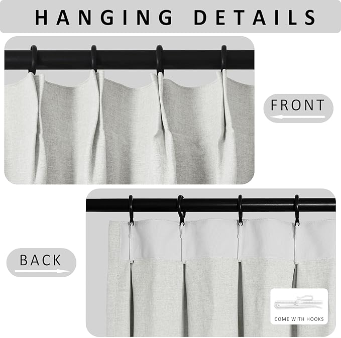 Macochico Pinch Pleated 100% Blackout Curtains Greyish White Linen Curtains for Bedroom Living Room Farmhouse Thermal Insulated Window Panels Pleated Curtains with Hooks and Tieback 52”Wx72”L 1 Panel