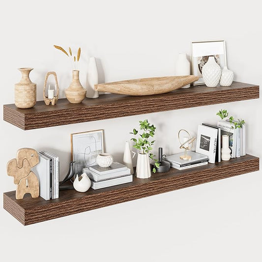 Heimlove Floating Shelves for Wall 48 Inches Long,9.3" Deep Walnut Floating Shelf Set of 2,Wall Mounted Wood Shelves for Bathroom Bedroom Living Room Kitchen Office,Shelf for Books Storage Room Decor