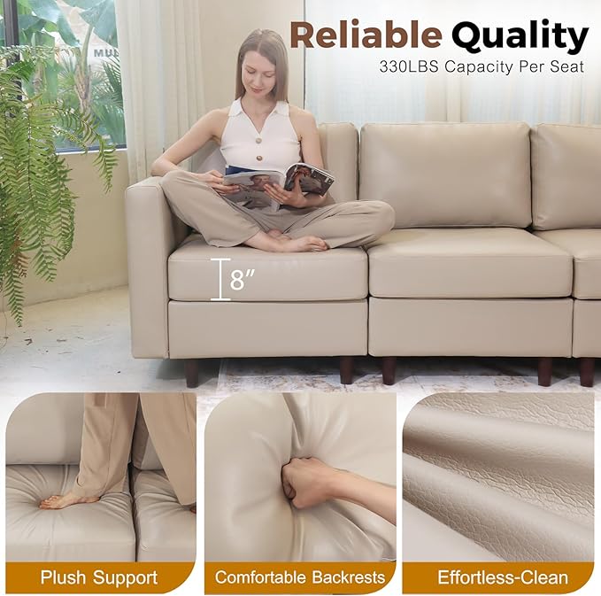 91.5" Faux Leather Modular Sectional Sofa, L Shaped Couch Set for Living Room, 3-Seater Comfy Cloud Couches with Movable Storage Ottoman,DIY Combination - Whitesand