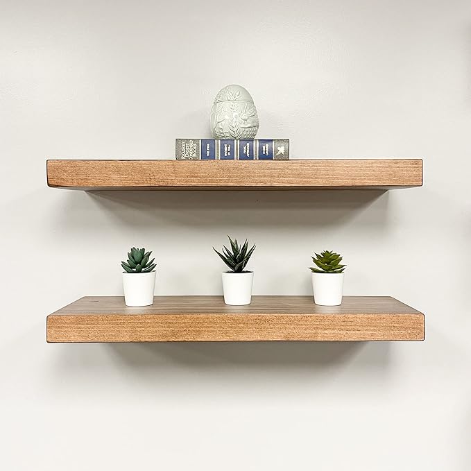 URBANDI, Rustic Floating Shelves, Set of 2, Hidden Bracket, Solid Wood, Heavy Duty, Wall Mounted Shelves, (Brown, 48Wx10D)