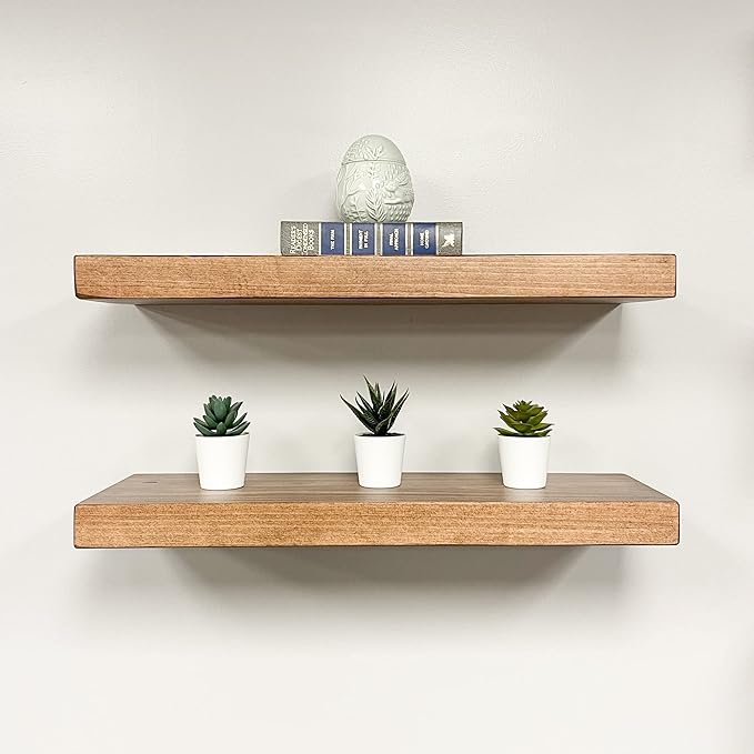 URBANDI, Rustic Floating Shelves, Set of 2, Hidden Bracket, Solid Wood, Heavy Duty, Wall Mounted Shelves, (Brown, 60Wx8D)