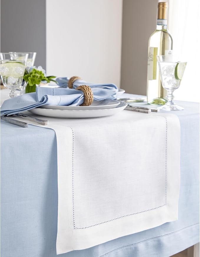 Solino Home Linen White Table Runner 120 Inches Long - 100% Pure Linen Hemstitch 14 x 120 Inch Table Runner for Dining, Fall, Autumn, Halloween, Thanksgiving - Classic Hemstitch