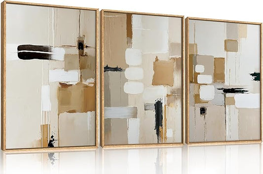 Large Abstract Beige Framed Canvas Wall Art Set, Neutral Textures Wall Decor, Warm Minimalist Shapes Wall Painting, Modern Neutral Art Prints for Living Room, Bedroom, Office - 16"X24"X3