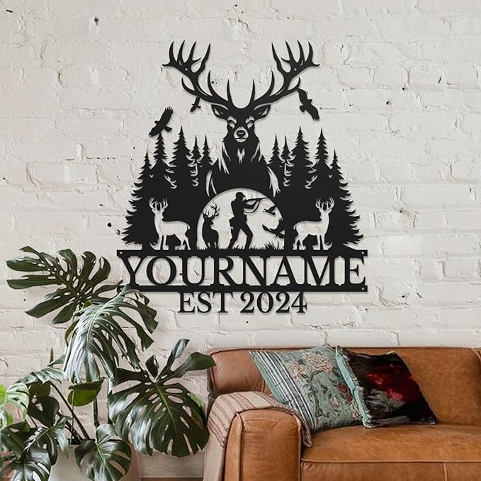 Personalized Deer Forest Name metal Signs,Custom Shed Metal Wall Decor,Black Deer Metal Wall Art Decor,Deer Home Metal Signs Plaques,Outdoor wall Decorative Signage (Style D)