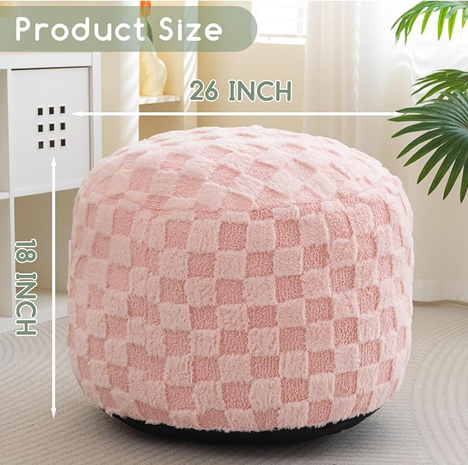 HIGOGOGO Round Stuffed Pouf Ottoman, Plaid Poufs with Foam Chunk Filling, Fluffy and Furry Pouf Foot Stool Storage Ottoman, 26 X 18 Floor Poufs Foot Rest for Living Room, Pink