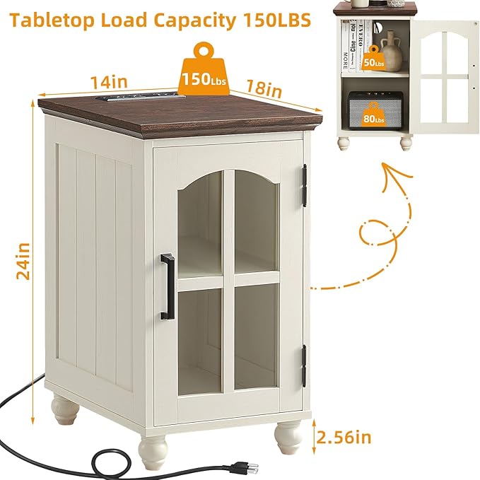 Narrow Side Table,Farmhouse Nightstand with Charging Station,Wood End Table with Glass Barn Door Storage, Cabinet Organizer with Adjustable Shelf, Night Stand for Small Spaces for Living Room Bedroom