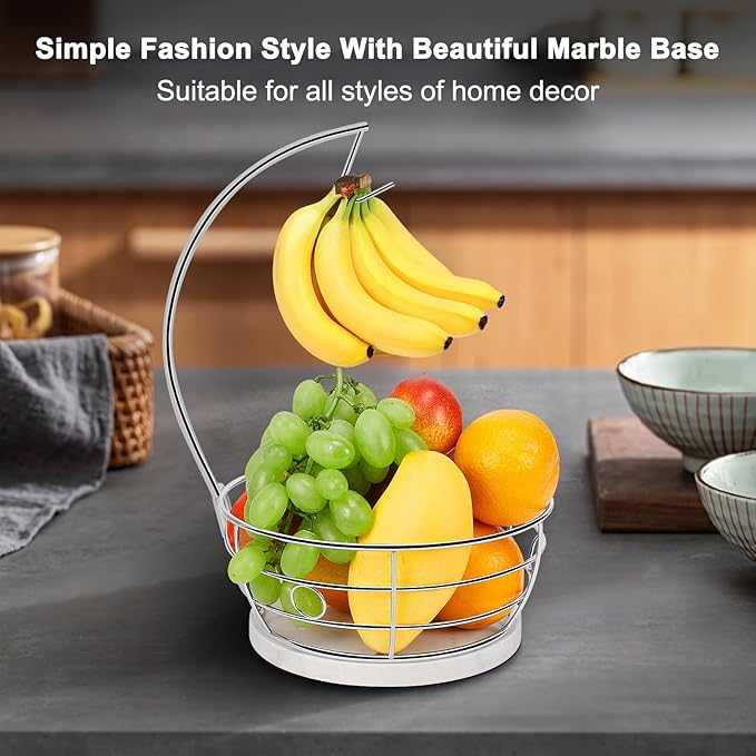 Livabber Countertop Fruit Basket Bowl with Banana Hanger, Modern Standing Fruit Vegetable Bowl Storage, with Banana Tree Holder for Kitchen Dinning Table (Round Marble, Chrome)