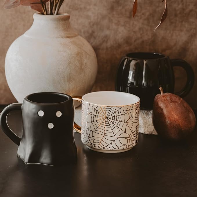 Sweet Water Decor Gold Spiderwebs Mug, 14oz Fine Bone China Coffee Cup with Gold Handle, Cute Halloween Decorations for Home, Spider Web Mug Fall Seasonal Decor, Spooky Season Gifts for Women