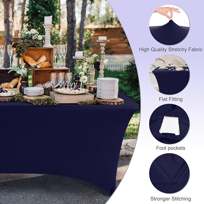 ABCCANOPY 6 FT Navy Blue Spandex Table Cover Stretch Fitted Wrinkle Resistant Tablecloth Reuse for Rectangular Folding Table Patry Event Wedding Banquet Protector