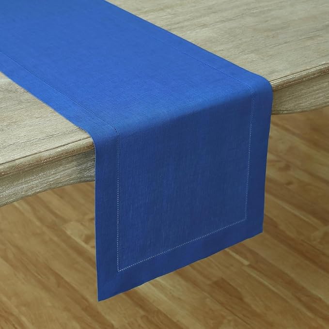 Solino Home Linen Royal Blue Table Runner 156 Inches Long - 100% Pure Linen Extra Long Table Runner 14 x 156 Inch - Classic Hemstitch