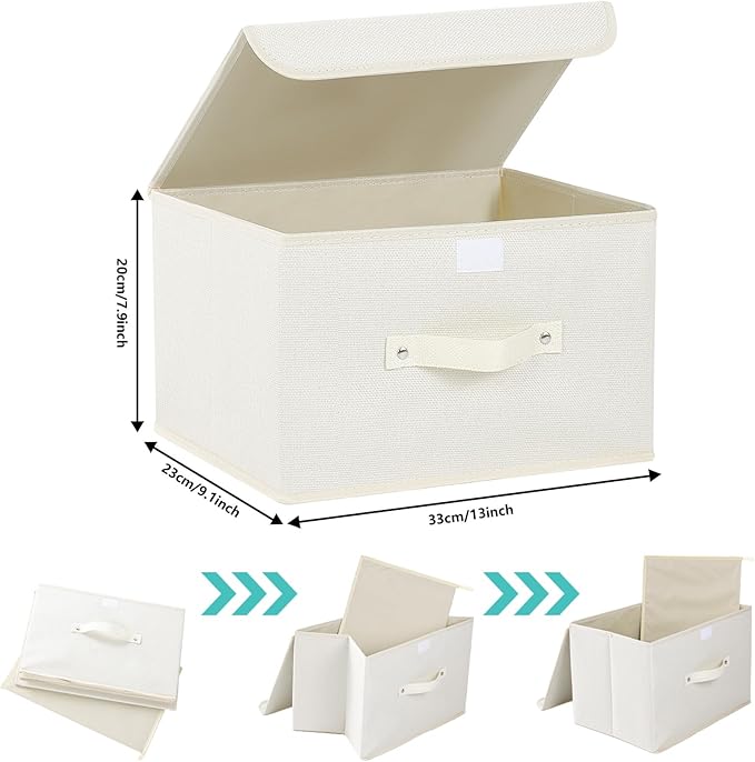 Storage Boxes, Collapsible Storage Bins with Lids, Cotton and linen cloth Storage Baskets with Handle, for Books, Closet, Bedroom, Home, 13x9.1x7.9 in, Beige