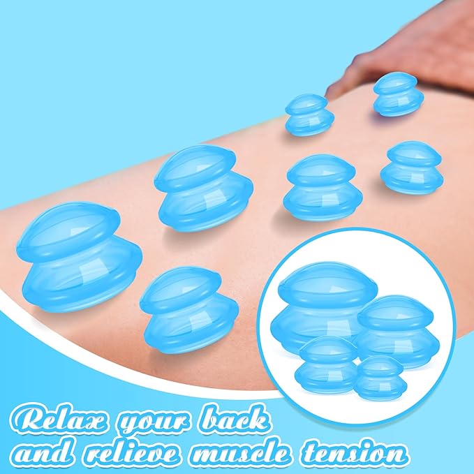 Nuanchu 8 Pcs 4 Sizes Cupping Therapy Set with Satin Bag Silicone Massage Cups Professional Cupping Therapy Vacuum Cup for Cellulite Joint Pain Muscle Pain(Clear Blue)