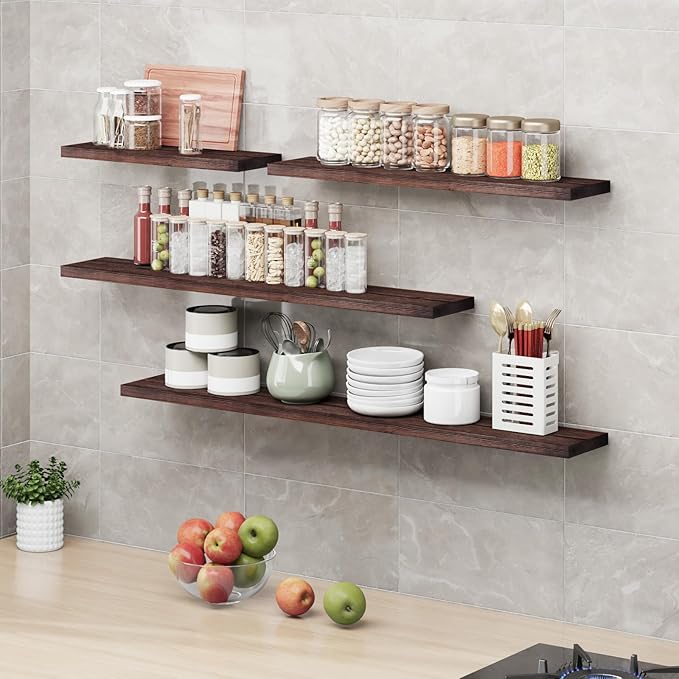 SAUMONIERES Floating Shelves 8 Inch Deep Solid Wood Wide Wall Shelf Set of 2 Wall Mounted for Bedroom Bathroom Living Room Kitchen, 24 Inch Walnut