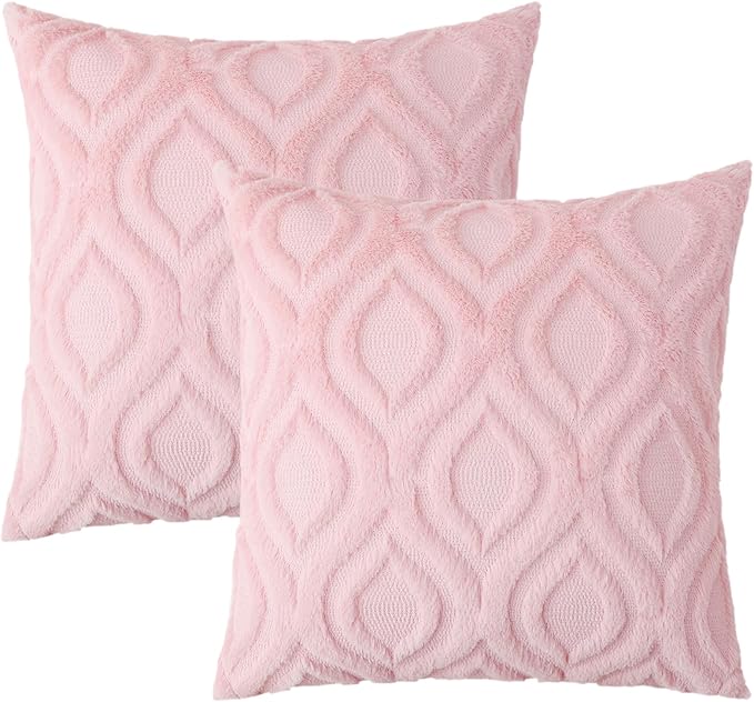 decorUhome Throw Pillow Covers 22x22 Inch Set of 2, Soft Plush Decorative Faux Fur Light Pink Solid Couch Pillow Covers, Accent Farmhouse Neutral Square Euro Pillow Cases for Sofa Bed Living Room