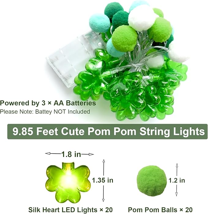 9.85Ft St Patricks Day Lights Garland 20 Pompoms 20 LEDs Green Lucky Clover Lights Shamrock String Lights with Timer for Indoor Bedroom Party Bar Garden St. Patrick's Day Decoration Green Irish Decor