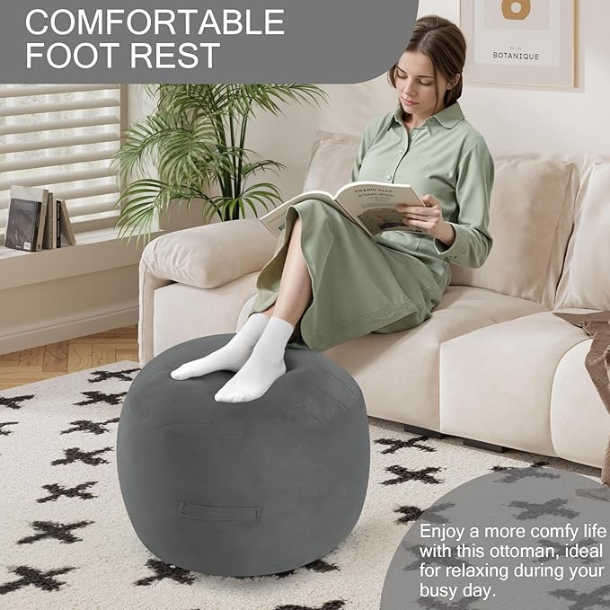 MeMoreCool Round Stuffed Pouf Ottoman Foot Rest, Floor Pouf Foot Stool with Soft Foam Chunk Filling, Small Round Ottoman Footstool Circle Footrest for Living Room, Dark Grey