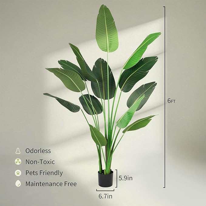 Worth Garden Artificial Bird of Paradise Plant 5.9ft, Tall Faux Tropical Tree for Home and Office Décor, Lifelike Greenery for Indoor and Outdoor Use