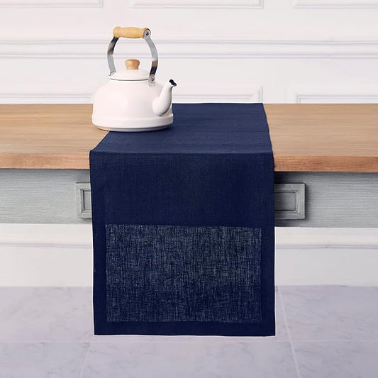 Solino Home Linen Navy Table Runner 144 Inches Long - 100% Pure Linen Extra Long Table Runner 14 x 144 Inch for Fall, Autumn, Thanksgiving - Fete