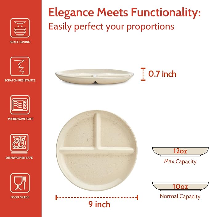 Sweese Set of 2 Porcelain Divided Dinner Plates, Beige High-Grade Durable Professional, 9 Inches, 2.0 Count