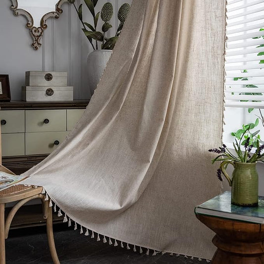 Sutuo Home Boho Curtain for Farmhouse Bedroom, Natural Linen Look Textured Burlap Rod Pocket Chic Semi Blackout Bohemian Handmade Tassels Window Treatment for Living Room, 1 Panel 59" W x 108" L