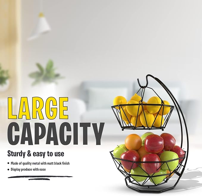 Fruit Basket with Banana Hanger and Fruit Bowl. Kitchen Counter Fruit Bowl with Banana Holder used as Bread, Vegetable or Produce Basket, Egg Holder, 2 Tier