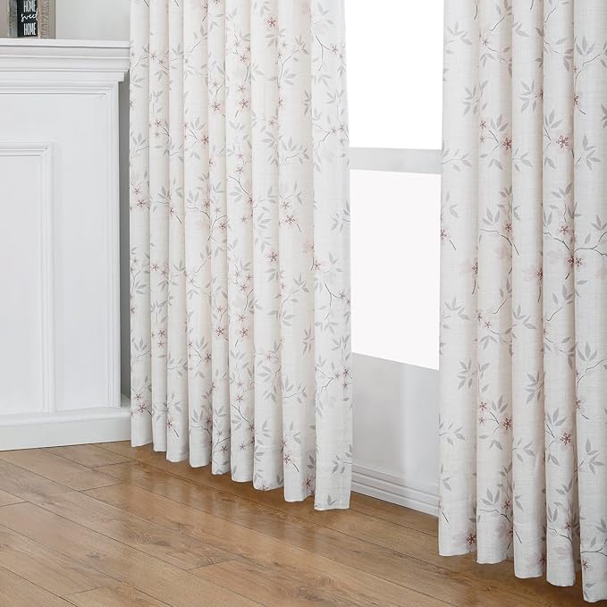Pink Floral Pinch Pleated Linen Curtains - 2 Panels of Privacy Light-Filtering Printed Curtains Suitable for Dining Rooms and Farmhouses.52 Inches Wide by 96 Inches Long