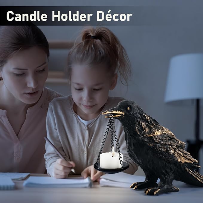 Raven Gothic Home Decor Fake Crow Light Holder Raven Lamp Tealight Candle Holder Resin Raven Statue Wearing Gold