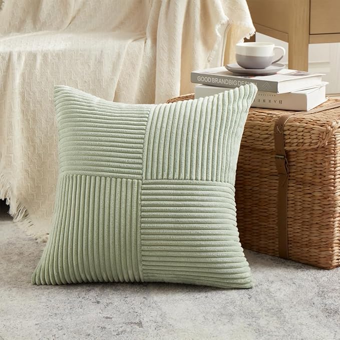 Fancy Homi 2 Packs Sage Green Samll Decorative Throw Pillow Covers 14x14 Inch with for Couch Bed Sofa, Rustic Farmhouse Boho Home Decor, Soft Corss Patchwork Corduroy Square Cushion Case 35x35 cm