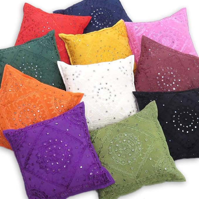 Eyes of India Embroidered Decorative Boho Throw Pillow Cover with Mirrors, Handmade Bohemian Accent Cushion Case for Sofa Couch Bedroom Living Room (Orange, 16" x 16")