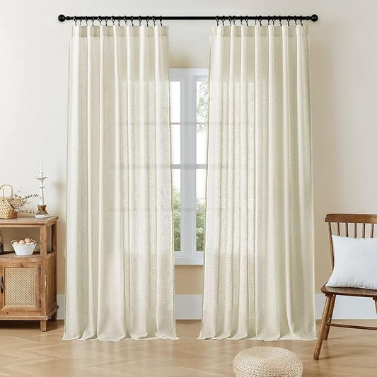 Joydeco Linen Curtains 96 Inch Length 2 Panel Sets,Light Filtering Curtains for Bedroom 70 Inch Wide Living Room Drapes with Back Tabs & Rod Pockets (W70 x L96 Inch, Beige)